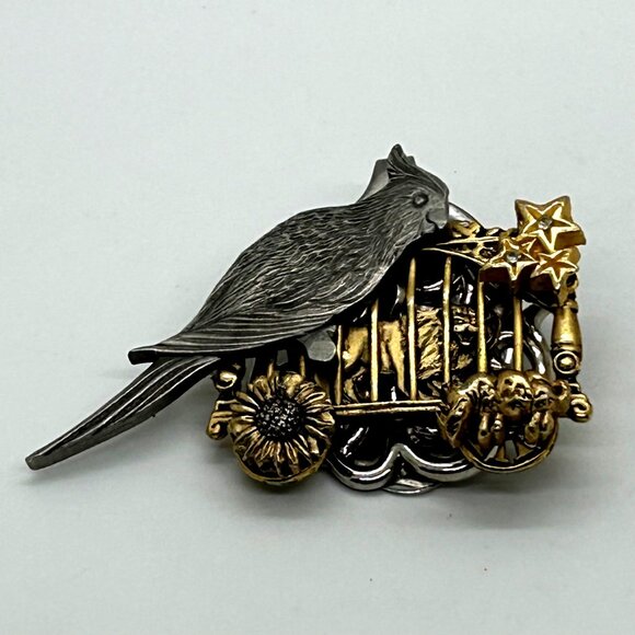 Artisan Mixed-Metal Pendant Bird Cage Crafted from Vintage Brooches Whimsical OO - Picture 2 of 13